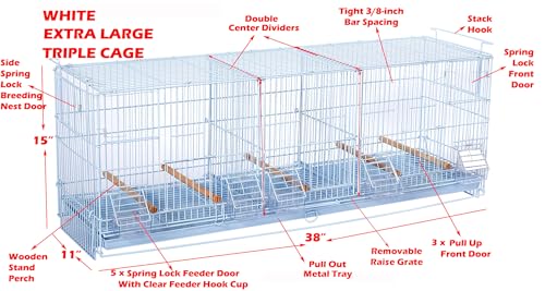 Lot-2 Extra Large 38"x11"x15"H Triple Stackable Breeder Bird Flight Cage Side Breeding Nest Box Doors with Double Removable Divider - color: White