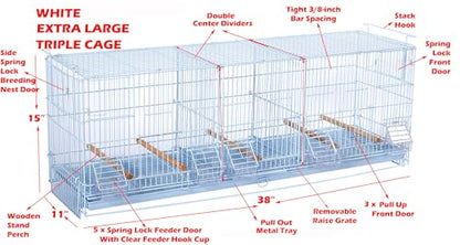 Lot-2 Extra Large 38"x11"x15"H Triple Stackable Breeder Bird Flight Cage Side Breeding Nest Box Doors with Double Removable Divider - color: White