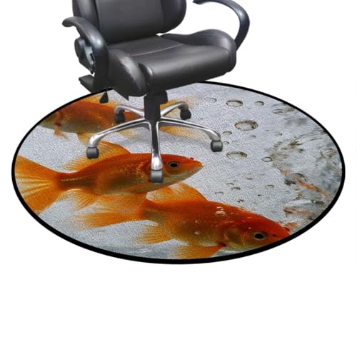 Aquarium Round Area Chair Mat for Hardwood Floors, Golden Carp Swivel Chair Protector, Protect The Floor from Scratches, Orange Gold White Diameter 59 in