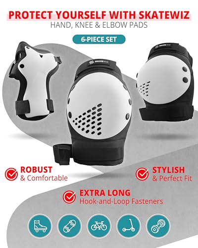 SKATEWIZ Skateboard Pads Protective Gear Set for Kids and Adults - Smash - Roller Skate Pads [6pc] with Wrist Guards - Skating Protective Gear - Roller Derby - color: Black White, size: M/L - Kids/Teens