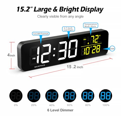 15.2" Gym Timer, App & Remote Control, Customizable LED Colors, Gym Clock | Stopwatch, Countdown, Count-up, Temperature, Date, Large Digital Wall Clokc for Home Gym Garage Office