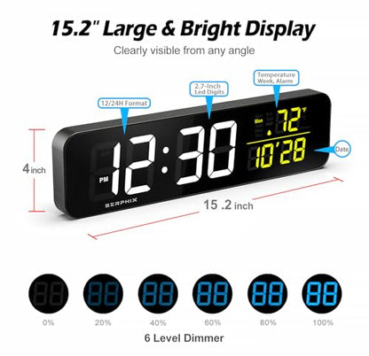 15.2" Gym Timer, App & Remote Control, Customizable LED Colors, Gym Clock | Stopwatch, Countdown, Count-up, Temperature, Date, Large Digital Wall Clokc for Home Gym Garage Office