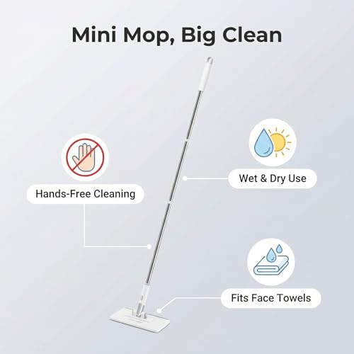 FaceTowel Mini Mop Kit – 30" Auto-Clamp Mop for Facial Towels, No-Touch Eject, 360° Swivel, for Fish Tanks, Windows, Walls & Ceilings, Includes 10 Reusable Pads