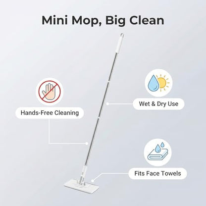 FaceTowel Mini Mop Kit – 30" Auto-Clamp Mop for Facial Towels, No-Touch Eject, 360° Swivel, for Fish Tanks, Windows, Walls & Ceilings, Includes 10 Reusable Pads