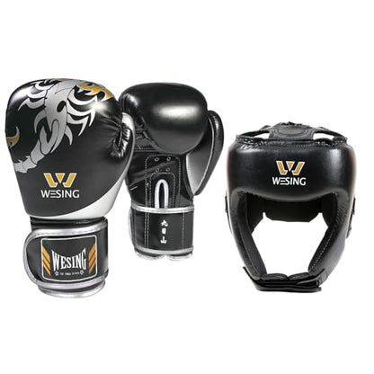 WESING Martial Arts Headgear Gloves Set Boxing Headgear 10oz Boxing Gloves for Men Women Kickboxing Sparring Training - color: Black, size: XX-Large