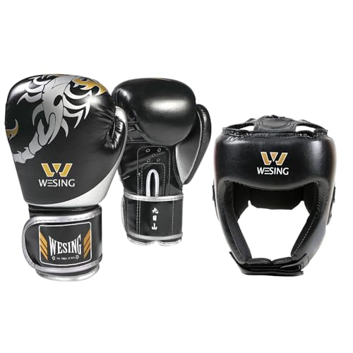WESING Martial Arts Headgear Gloves Set Boxing Headgear 10oz Boxing Gloves for Men Women Kickboxing Sparring Training - color: Black, size: XX-Large