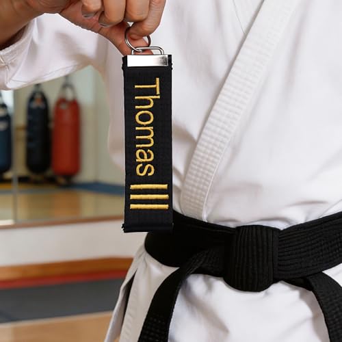 Personalized Name Keychain for Men | Custom Embroidery Text Dan Rank Lanyard | 5.71x1.57 Inch Customized Key Chain | Black Belt Promotion Gift for Martial Arts Sensei Karate Taekwondo Practitioners