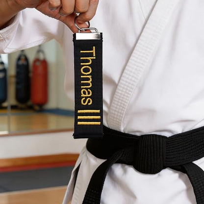 Personalized Name Keychain for Men | Custom Embroidery Text Dan Rank Lanyard | 5.71x1.57 Inch Customized Key Chain | Black Belt Promotion Gift for Martial Arts Sensei Karate Taekwondo Practitioners