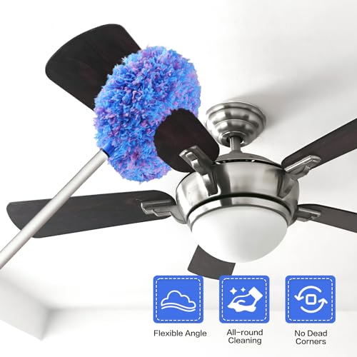 Ceiling Fan Cleaner Duster Reusable Microfiber Ceiling Fan Blade Cleaner Removable Duster with Extension Pole Adjusts 13 to 49.7 Inch for Cleaning Walls Furniture Door Window Top (Blue Pink)