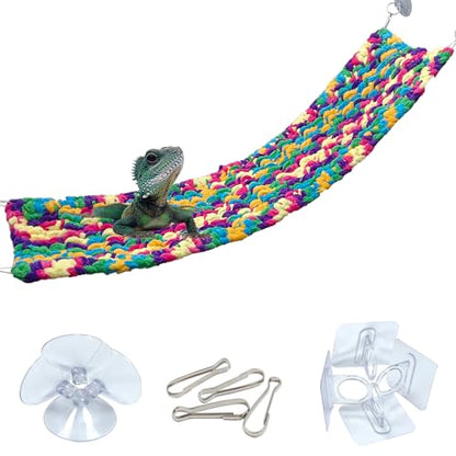 30" x 7" Hand-Knitted‌ Soft Reptile Lizard Hammock,Lengthened Thicker Hammock for Bearded Dragon Tank Swing Hanging with Strong-Adhesive Hooks,Breathable Bed for Gecko Chameleon(Rectangular)