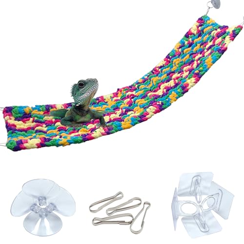 30" x 7" Hand-Knitted‌ Soft Reptile Lizard Hammock,Lengthened Thicker Hammock for Bearded Dragon Tank Swing Hanging with Strong-Adhesive Hooks,Breathable Bed for Gecko Chameleon(Rectangular)