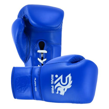 Aura 100 Full Grain Leather Lace Up Boxing Gloves for Men & Women – Professional Training, Sparring, Competition, Muay Thai, Kickboxing & Heavy Bag Gloves - color: Blue, size: 10 OZ