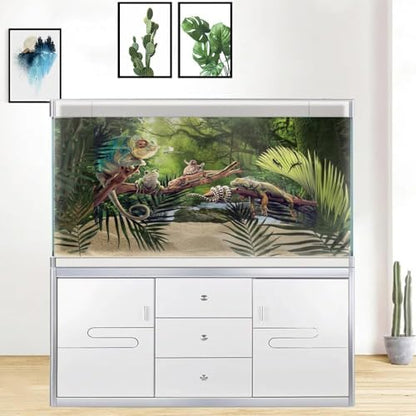 72X16IN Natural Green Forest Tree Stream Reptile Habitat Background Terrarium Background, Tropical Forest Decor Aquarium Background, Misty Rainforest Aquarium Background with 10 EVA Double-Sided Tape - size: 72X16in/180X40cm