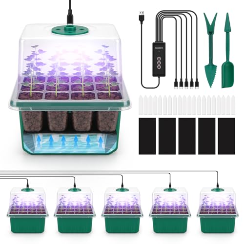 Self-Watering Seed Starter Tray Kit with Grow Light and Humidity Dome,3 Color Growing Light,5-Pack 60-Cell Plant Seedling Tray,Reusable Plastic Germination Trays,Timed Light Plant Starter Set