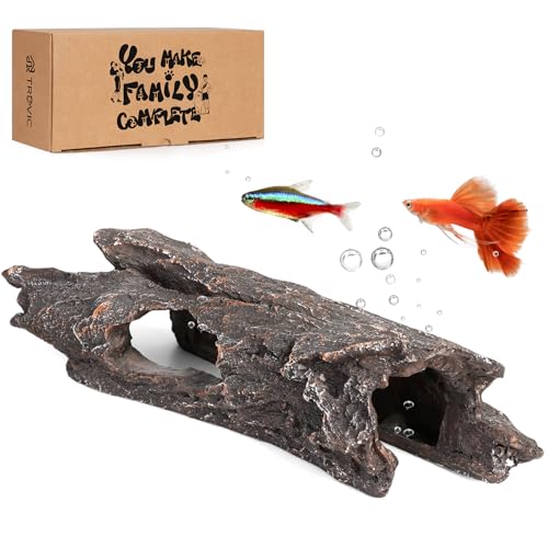 Fish Tank Decorations - Aquarium Cave Decor, Resin Hollow Tree Trunk Reptile Hide & Betta Log Hideout for 20 Gallon Tank, Fish Accessories Shelter Cave - color: Wood M