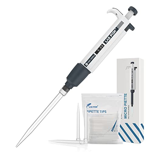 LAB FISH Laboratory Micropipette 1000-5000ul Capacity Range High Accurate Single Channel Pipettor Manual Adjustable Volume Pipettes Increment 50ul with 40pcs 5000ul Pipette Tips Set