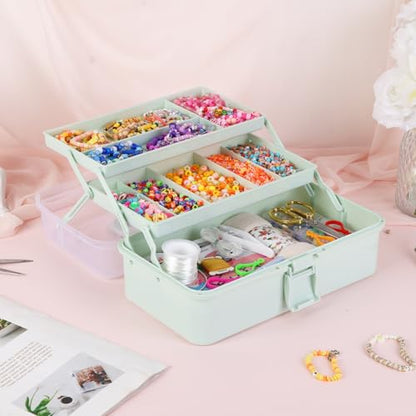 Tackle Box, Craft Organizers and Storage 3-Layer Portable Folding Toolbox, Plastic Tool Box with Handle for Sewing Supplies, Medicine, Art Supplies, Nails and Hair Accessories (Haze Green, 12.5inch)