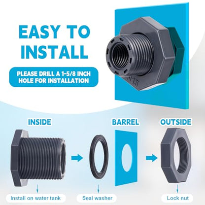Bulkhead Fitting PVC Water Tank Connector Plumbing Pipe Threaded Bulkhead Fitting NPT for Rain Barrels, Water Tanks, Aquariums, Tubs, Pools(2 Pcs,1/2 Inch) - size: 1/2 Inch