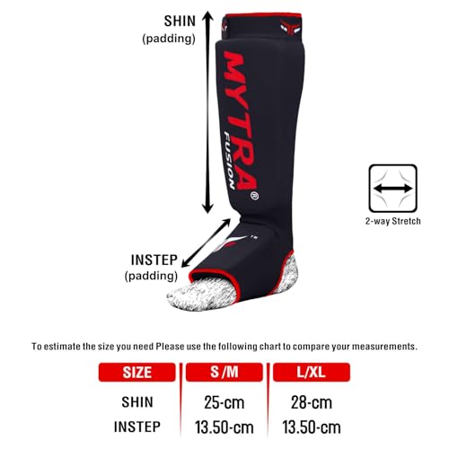 Mytra Fusion Shin Pads Instep Protector Kick Boxing Muay Thai Training Elasticated shin Guards - color: Black, size: Large-X-Large