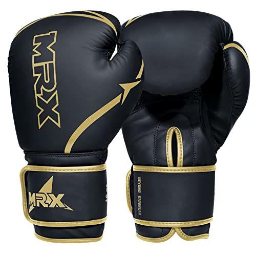 MRX Boxing Gloves Fighting Training Combat Train Workout Sparring Grappling Durable Light Weight Adult Punch Bag Glove Muay Thai Punching Mitts Kickboxing MMA Gloves Men and Women - color: Black Gold, size: 10 OZ