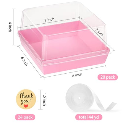 Pink Paper Cake Boxes with Clear Lids, 7 x 7 x 4 Inches, 20 Pack | Square Charcuterie Boxes, Disposable To Go Food Containers, For 4-6 Inch Cake, Jumbo Cupcakes, Bakeries - color: Pink