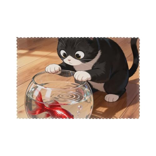 Cat Fish Tank Washable Placemats Set of 6-Heat Resistant Dining Table Mats, Non Slip Kitchen Table Decor