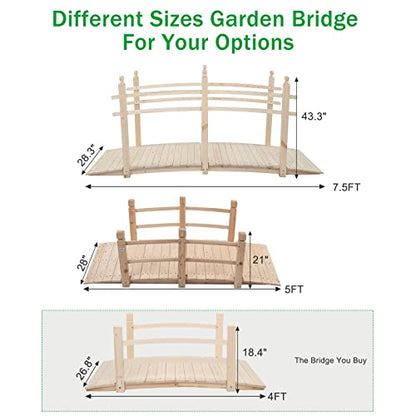 VINGLI 4 ft Garden Bridge, Arch Walkway Wooden Bridge with Safety Rails Natural Finished, Decorative Landscaping Footbridge for Koi Pond, Dry Creek Bed, Garden Pathway or Japanese Zen Decor