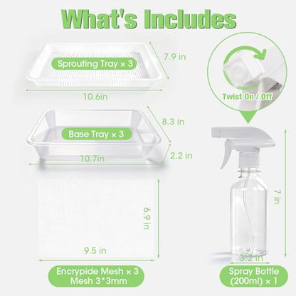 3 Pack Hard Acrylic Microgreens Growing Trays, Visual Soilless Sprouting Kit with Silicone Mats & Spray Bottle, Seed Germination Tray for Wheatgrass, Cat Grass & Vegetables