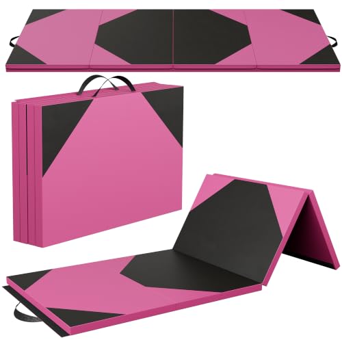 Gymnastics Mat 4'x10'x2" Thick Tumbling Mat with Carrying Handles Floding Interlocking Gym Mat for Gymnastics, Wrestling, MMA, Martial Arts, Stretching, Core Workouts - color: Pink & Black