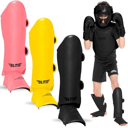 Elite Sports Muay Thai MMA Kickboxing Boys and Girls Shin Guards for Age 4 to 14 Years, Instep Guard Sparring Protective Leg Shin Kick Pads for Kids - color: Black, size: Large