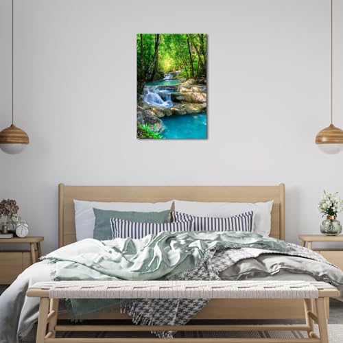 iKNOW FOTO 16x24 Single Piece Canvas Wall Art Nature Landscape Pictures Green Forest Waterfall Poster Canvas Prints Framed Artwork Spa Bathroom Bathroom Room Decor