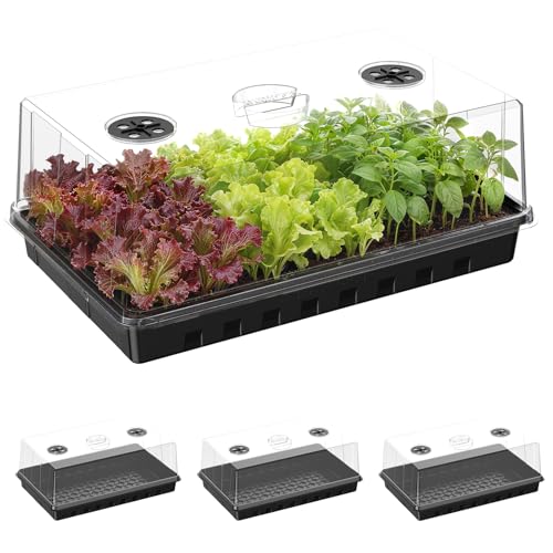 Seed Starter Tray, Gardening Plant Grow Trays Kit for Seedling, Germination Trays with 4.72 Inch High Humidity Domes，Large Growing Space & Better Air Flow for Seed Starting, Mini Greenhouse, 3PCS