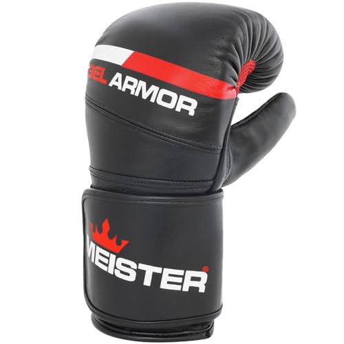 Meister Gel Armor Full-Grain Cowhide Leather Bag Mitts | Ergonomic wrist support with quick slip-on design for heavy bag work, pad work and boxing training - size: XX-Large (18oz)