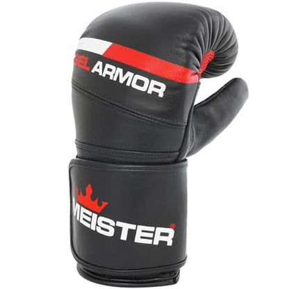 Meister Gel Armor Full-Grain Cowhide Leather Bag Mitts | Ergonomic wrist support with quick slip-on design for heavy bag work, pad work and boxing training - size: Small / Medium (14oz)