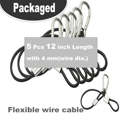 5 pcs 12 inch Vinyl Cover Coated Stainless Steel Wire Rope Lanyard Cable Tether Safety Strap with Hooks and 2 Loops (4mm Thickness), Black - color: 5pcs_black, size: 12"/30cm