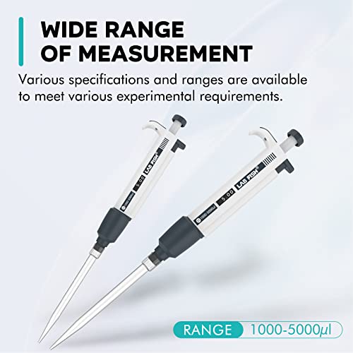 LAB FISH Laboratory Micropipette 1000-5000ul Capacity Range High Accurate Single Channel Pipettor Manual Adjustable Volume Pipettes Increment 50ul with 40pcs 5000ul Pipette Tips Set