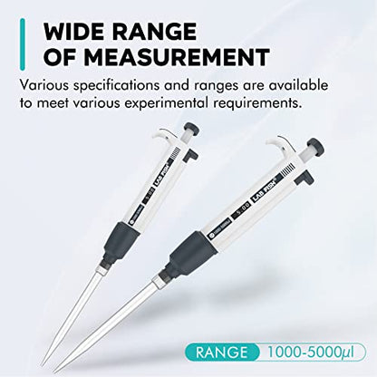 LAB FISH Laboratory Micropipette 1000-5000ul Capacity Range High Accurate Single Channel Pipettor Manual Adjustable Volume Pipettes Increment 50ul with 40pcs 5000ul Pipette Tips Set