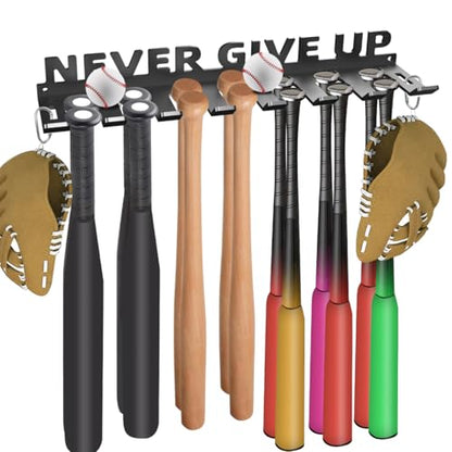 Baseball Bat Holder Wall Mount Softball Storage Hooks Metal Rack Hanger Fence on Wall Home and Field for Display Heavy Duty Steel Organizer Hanging Sports Equipment Holds 14 Bats Never Give UP - style: Never