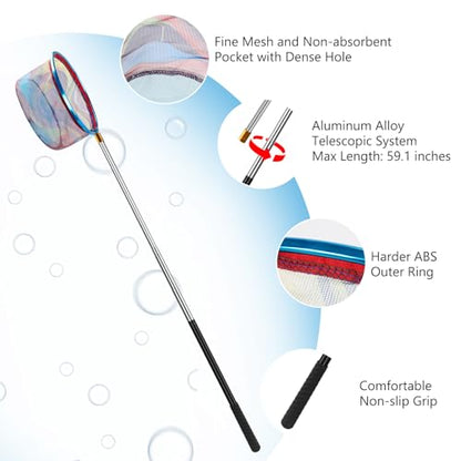Kids Fishing Net, 2 Pack Telescopic Fishing Landing Net with Aluminum Pole Handle for Kids, Collapsible Bucket Kids Sand Pail, Fishing Net Butterfly Nets for Kids, Outdoor Playing