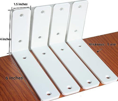 4 Pack - L 6" x H 4" x W1.5, 5mm Thick White L Shelf Bracket, Iron Shelf Brackets, Metal Shelf Brackets, Floating Shelf, Shelf Supports with Screws - size: 6''x4'', style: White 4 Pack