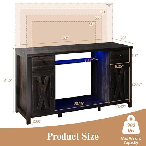 55-75 Gallon Fish Tank Stand with Power Outlet & LED Lights, Heavy Duty Aquarium Stand with Storage Drawers & Barn Doors, Reptile Tank Cabinet for Turtle, Reptile Terrarium, Dark Oak