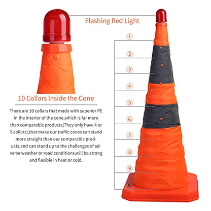 Sunnyglade 4 Pack 28 inch Collapsible Traffic Cones with LED Light Orange | Orange Collapsible Traffic Cones with Reflective Bands Led Lights High-Visibility Oxford Fabric for Parking and Road Safety
