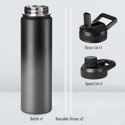 Fijinhom 24 oz Insulated Water Bottle with Handle, 304 Stainless Steel Water Bottles with 2 Lids, Double Wall Vacuum Sports Water Cup with Straw, BPA Free, Keep Cold and Hot, Black/Gray - color: 2 Lids - Black/Gray, size: 24 Ounces