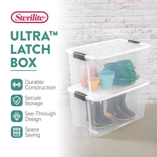 Sterilite 4-Pack Ultra Latching Box - Heavy-Duty Clear Plastic 70 Quart Storage Bins with Latching Lids, Stackable Containers for Closet, Garage, Attic, Basement, Bedroom and Office Organization - size: 70 Quart
