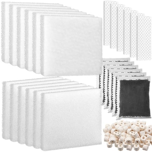 26 Pcs Aquarium Filter Media Kit Compatible with Fluval C4 (70 Gal) Power Filter, 6 White Foam Sponge Pads, 6 Poly Foam Sheets, 6 Bio-screen, 6 Activated Carbon, 2 Pack 7 Oz/200g Ceramic Ring - size: Compatible with C4