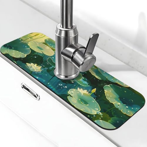 Faucet Draining Mat For Kitchen Sink, Green Lotus Leaves Diatom Mud Absorbent Drain Pad For Bathroom Kitchen Sink Splash Guard Drying Mat - color: Green Lotus Leaves