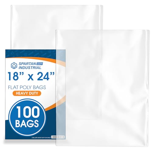 18" X 24" Open-End Flat Poly Bags (100 Count) - 2 Mil Plastic Clear Bags for Packaging, Shipping, Storage - No Adhesive Strip - Spartan Industrial - size: 18" X 24"