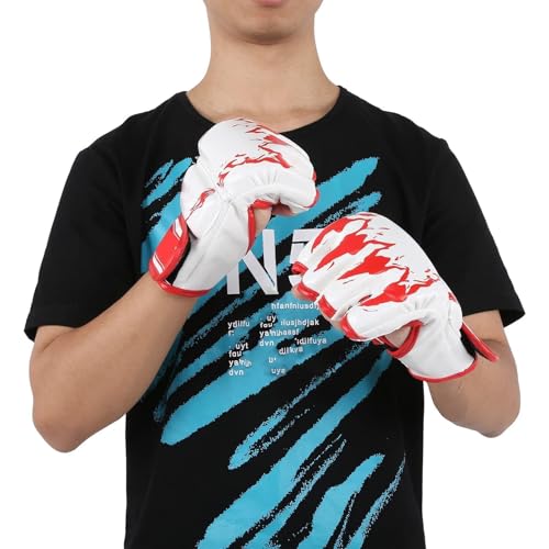 HERCHR MMA Gloves, Professional MMA Fingerless Gloves PU Leather Punching Bag Sanda Boxing Gloves for Punching Bag Sparring Muay Thai Karate - color: white red