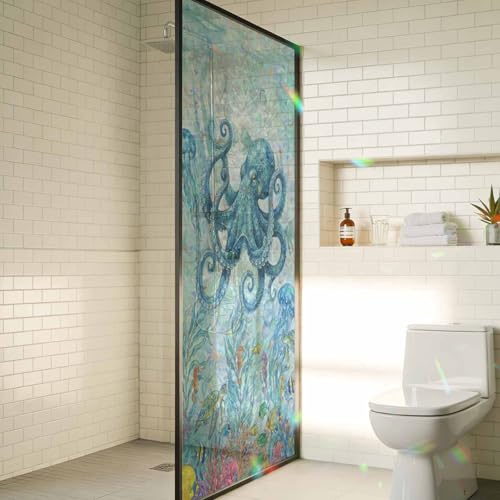 Underwater Life Octopus Coral Window Privacy Film,Heat Control Sun Blocking Static Cling Rainbow Film,Ocean Seaweed Fish Seahorse Non-Adhesive Glass Sticker Door Window Tint,17.7" x 78.7"