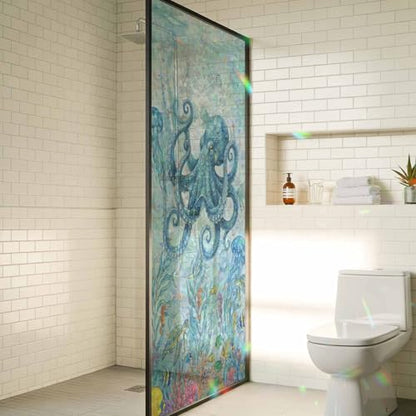 Underwater Life Octopus Coral Window Privacy Film,Heat Control Sun Blocking Static Cling Rainbow Film,Ocean Seaweed Fish Seahorse Non-Adhesive Glass Sticker Door Window Tint,17.7" x 78.7"